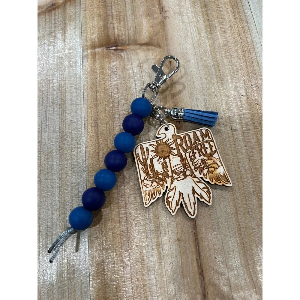 Roam Free‎ Blues Silicone Bead Lobster Clasp Keychain Purse Charm Wood Engraved